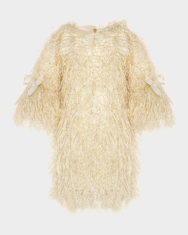 Girl's Fringe-Sleeve Feathered Dress, Size 3T